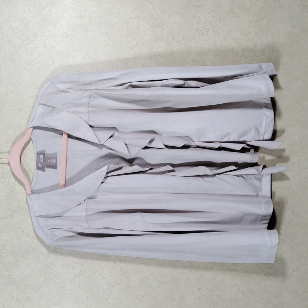 Chico's Light Warm Gray Ruffle Front Jacket (Bin 13)